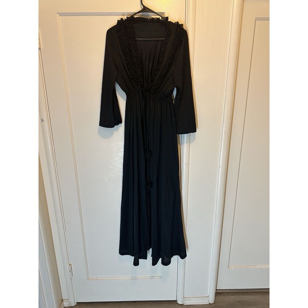 Montgomery Ward Sheer Vintage Nylon Robe Ruffle‎ Neck Black Large Cinch Waist L